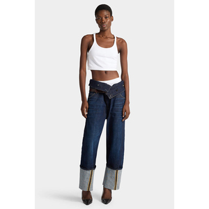 Jeans de mujer de pierna ancha con cintura plegable estilo vaquero Y2K, lavado oscuro, para uso diario y estilo urbano - Product Image 3