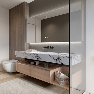 Meuble-lavabo double couche de style hôtelier japonais avec vasque en pierre frittée sans joint à chaud - Product Image 1