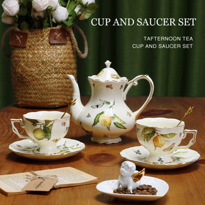 Services à thé en porcelaine à motif citron, vente en gros, fabriqués en Europe, tasses à café en céramique imprimées à la main, style européen - Product Image 1