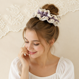 Scrunchie Rambut Kain Lace Dua Lapis Motif Bunga, Ikat Rambut Manis untuk Wanita, Karet Rambut Besar Ukuran Jumbo - Product Image 6