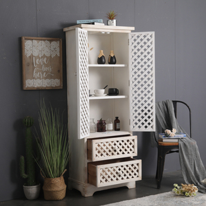 Gabinete de Almacenamiento Alto de Madera Maciza Lavada Blanca con Diseño a Cuadros, Duradero, de Fábrica China, para Sala de Estar, Entrada o Estilo Rústico - Product Image 2