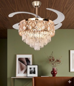Ventilateur de plafond LED en cristal doré design avec pales rétractables, télécommande, lumière silencieuse, style lustre pour la décoration intérieure - Product Image 3