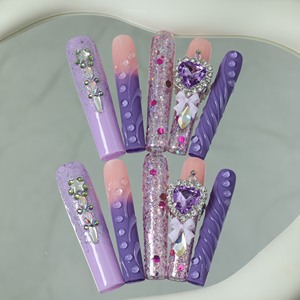 Vente en gros d'ongles artificiels en acrylique haut de gamme faits à la main, faux ongles carrés à couverture complète, résine époxy 3D, design en strass, personnalisable. - Product Image 1