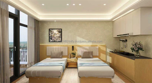 Fabricante de Foshan, Juego de Muebles de Dormitorio Doble Personalizado de Bajo Costo para Proyectos Hoteleros, con Cama de Madera, Armario, Mueble para TV y Mini Cocina - Product Image 6