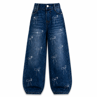 Celana Jeans Anak Perempuan Model Kaki Lebar Berhias Pita, Celana Denim Pinggang Elastis Kasual, OEM ODM Custom Private Label