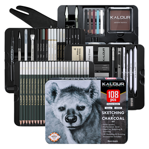 KALOUR Ensemble de crayons de dessin et d'esquisse professionnel de 108 pièces dans une boîte en étain, comprenant des accessoires de dessin, des crayons de fusain et des crayons pastel - Product Image 1