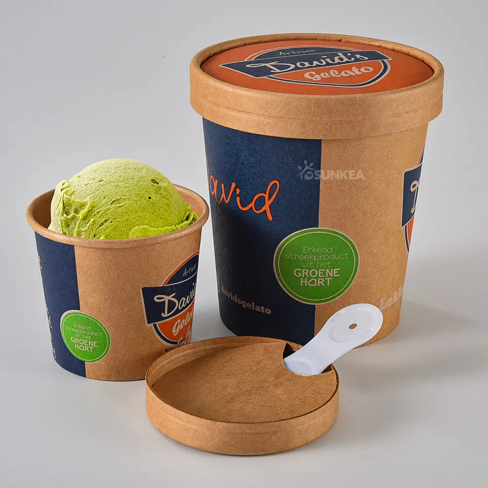 Confezione biodegradabile da 3-16 once contenitori da asporto per gelato isolati in carta Kraft di marca/vasca/tazza/ciotola con cucchiaio e coperchio