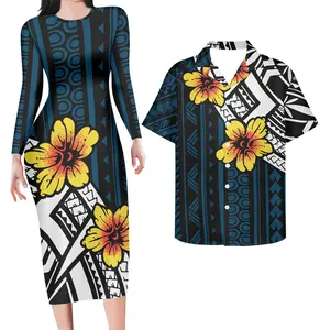Polynesian Tribal Couple Clothes Suits Women Long Sleeve Pencil Dress Matching Men Shirt for Party Wedding Clothing Island Wear