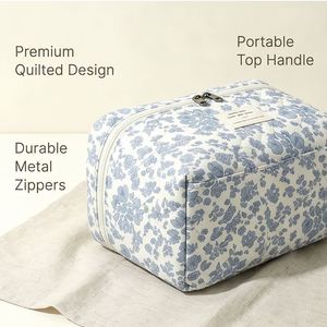 Floral Quilted Custom Logo Cosmetic <b>Large</b> Capacity Travel Toiletry Organizer Pouch <b>Makeup</b> <b>Bag</b> With Handle - Product Image 5