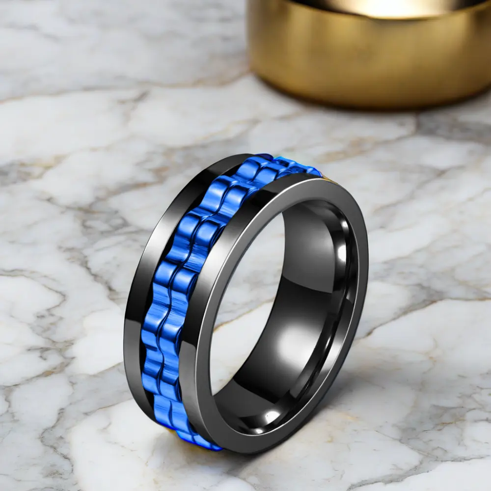 Clásico Acero inoxidable Oro Negro Azul anti ansiedad Fidget Spinner anillo para hombres