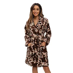MQF Flannel Leopard Print Pajamas Robe For Women