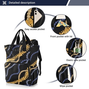 Fashion <b>Black</b> Puakenikeni Lei Flower Waterproof Mommy Travel Bag Custom Design Hawaii Baby Diaper <b>Backpack</b> - Product Image 2