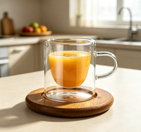 Mug en verre borosilicate à double paroi droit avec poignée et sous-verre en bois – Ensemble de tasses à café isolées transparentes pour thé, latte, maison et bureau