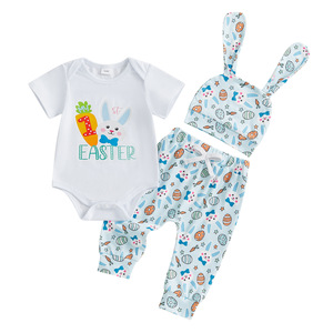 Conjunto de <span class=keywords><strong>pijama</strong></span> de 3 piezas con temática de Pascua para bebé, mono de <span class=keywords><strong>manga</strong></span> <span class=keywords><strong>corta</strong></span> con estampado de conejito de dibujos animados, pantalones largos con sombrero, ropa de dormir infantil - Product Image 4