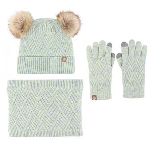 Ensemble bonnet et écharpe pour filles et garçons, hiver, uni, épais, à motifs, doublé de fourrure, double pompon en fausse fourrure, lot de 3, <span class=keywords><strong>snood</strong></span> - Product Image 5