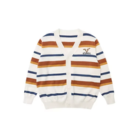 Cardigan tricoté pour garçons, rayures ivoire, col en V, boutonné, en coton respirant, anti-plis, broderie, style preppy, collection automne