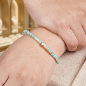 Pulsera Elástica de Amazonita con Cuentas de Tortuga y Esmalte Azul, Bañada en Oro, Diseño Lindo y Moderno, Hecha en India - Product Image 2