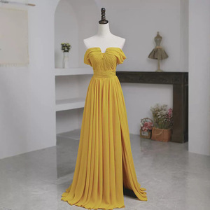 Yellow Off The Shoulder Evening Gown Empire Waist Long Dress For Banquet And Party - Product Image 1