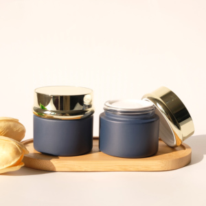 Envase Cosmético, Tarro de Vidrio Azul Esmerilado para Crema Facial con Tapa Dorada - Product Image 3