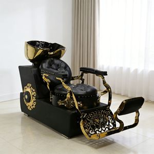 Sillón de Barbería Estilo Antiguo Negro y Dorado, Reclinable, de Cuero y Metal, para Salón de Belleza, Retro, para Lavado de Cabello - Product Image 1
