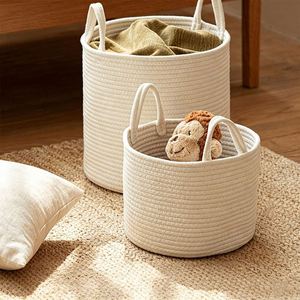 Panier à linge en corde de coton tricotée, seau de rangement en tissu tissé à la main avec poignée, organisateur de vêtements pliable pour la vente en gros - Product Image 1