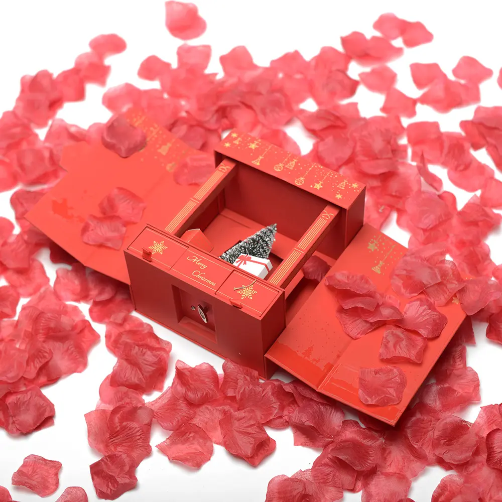Valise de luxe rouge FSC Emballage de bijoux Coffrets cadeaux magnétiques de Noël Marry Me Valentines Flower Vente en gros