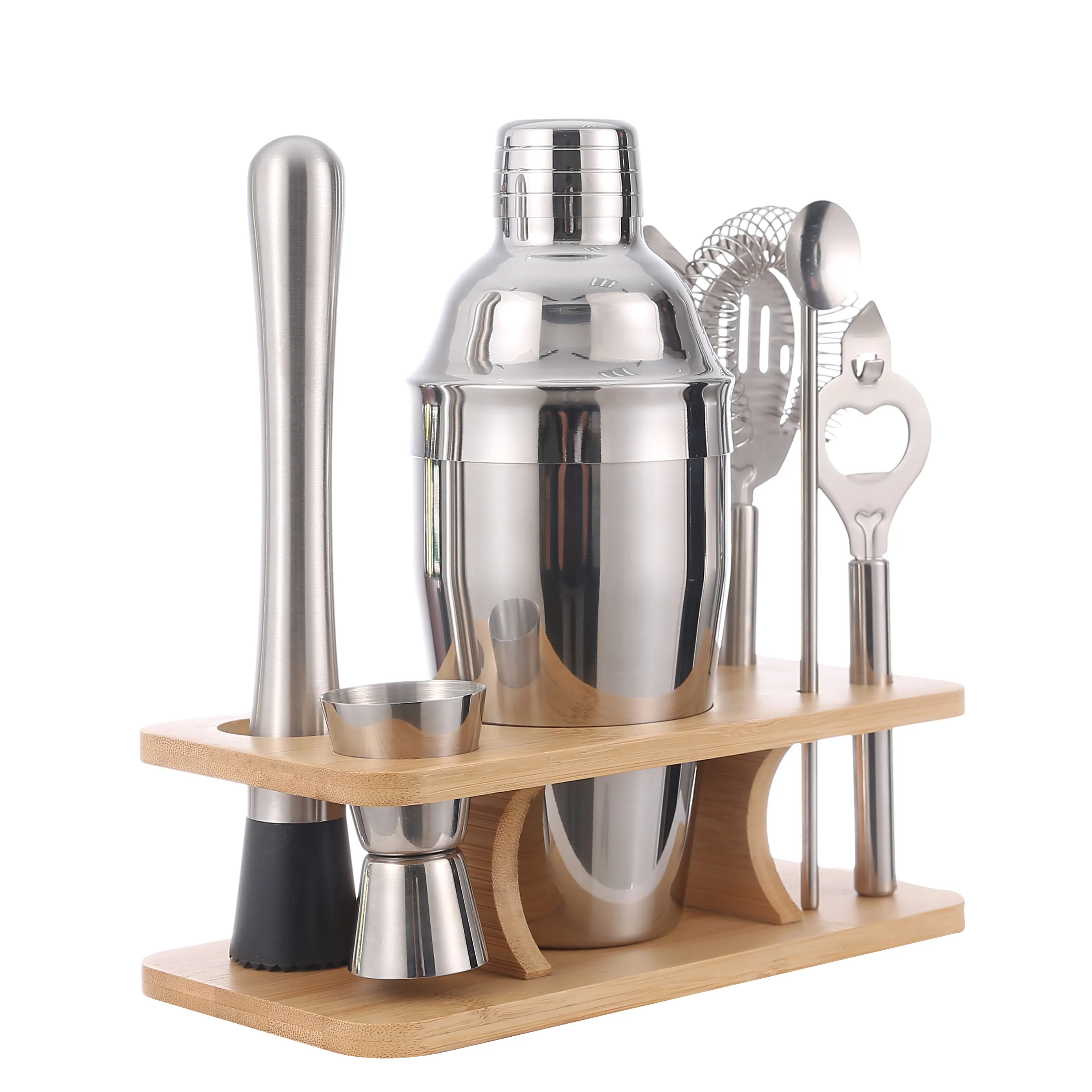 Hot Selling Premium Cocktail Shaker Kit Bar Gereedschapsset Met Stijlvolle Bamboe Standaard