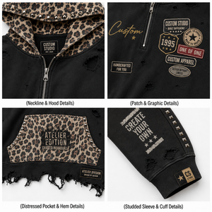 Vente en gros de sweat à capuche zippé 450 g/m², effet délavé, avec poche cargo, strass, patchwork graphique vieilli, style streetwear, logo personnalisé, pour homme - Product Image 2