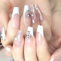 Lot de 24 faux ongles pleine couverture en ABS, faits main, forme cercueil moyenne, design français rose avec décoration croix diamantée