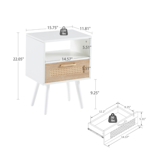 Rattan End Table With <b>Drawer</b> Solid Wood Legs Modern Nightstand <b>Side</b> Table White Bedroom Living Room - Product Image 4