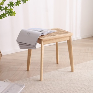 Rattan Solid Wood Small Square <b>Stool</b> Nordic Style Dressing <b>Stool</b> Makeup <b>Stool</b> Ash Wood Home Use <b>Bedroom</b> <b>Stool</b> - Product Image 1