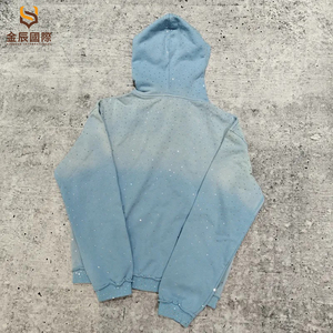 Sudadera con capucha unisex azul claro con cremallera y pedrería de cristal, OEM, de lujo, brillante, estilo urbano, con efecto descolorido por el sol, 100% algodón - Product Image 3