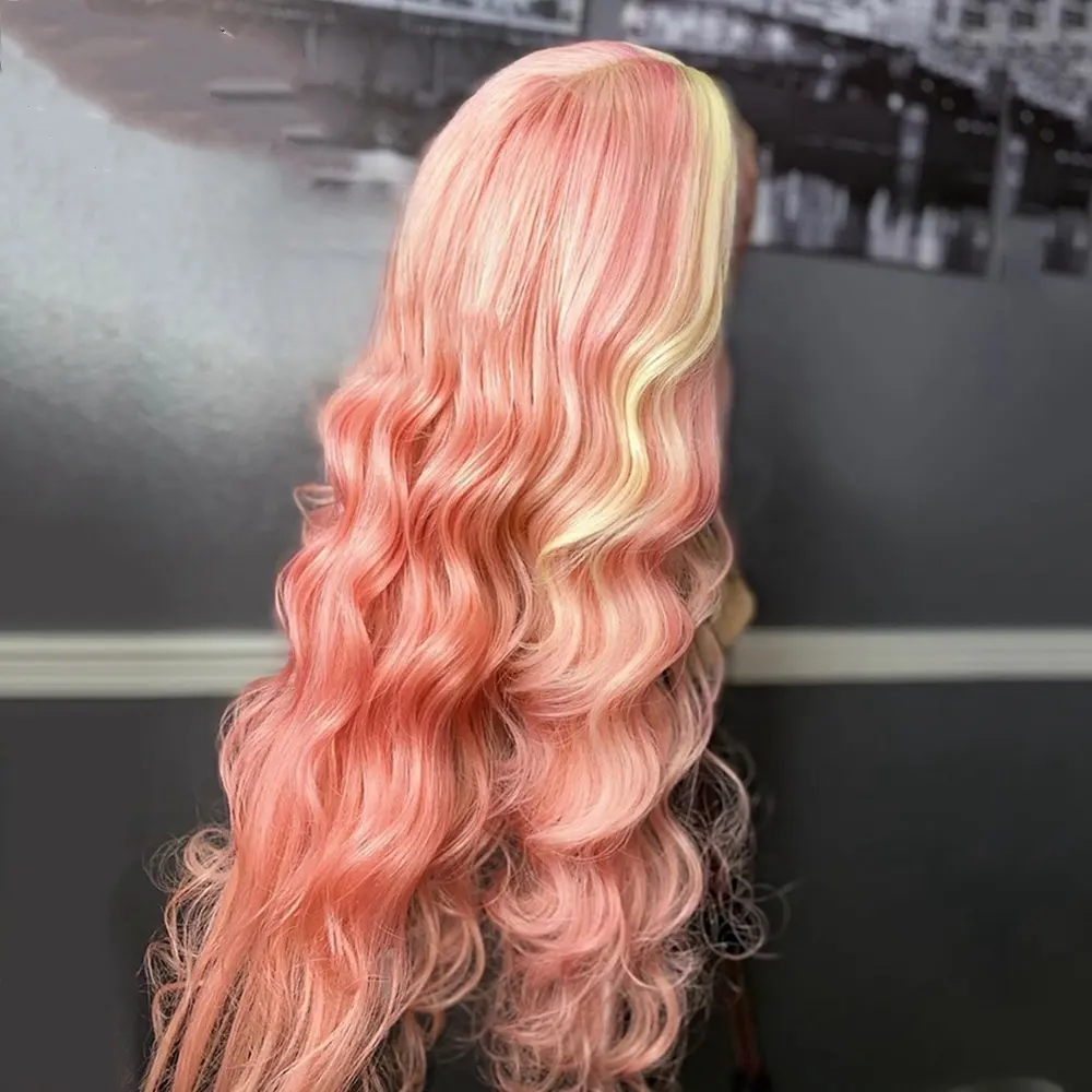 Menselijk Haar Vinger Kus Lieveling Korte Waterwave Losse Golf 613 Blond En Roze Mix Kleur Hoogtepunt Ombre 4X4 kant Frontale Pruiken