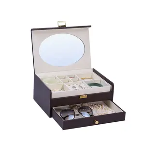 OEM/ODM Populer dua lapisan perhiasan kulit kacamata koleksi kotak penyimpanan kotak perhiasan dengan cermin untuk dekorasi