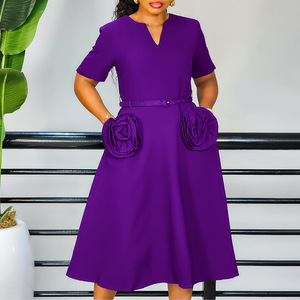 เดรสทรงเอที่สง่างามสำหรับฤดูร้อนใหม่ไซส์ใหญ่สไตล์ยุโรปพร้อมคอวีและแขนสั้นแบบหวานเข็มขัดแบบรัดเอว - Product Image 4