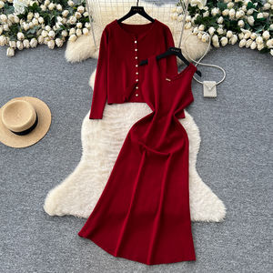 ชุดเสื้อคาร์ดิแกนถัก2ชิ้นหรูหราสำหรับผู้หญิงชุดเดรสยาวแขนกุดชุดสำนักงานลำลองฤดูใบไม้ร่วงฤดูหนาว - Product Image 4