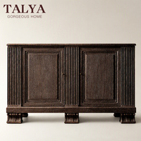 Buffet d'appoint en bois massif cannelé de luxe en chêne noir à 2 portes pour salle à manger d'hôtel et rangement domestique