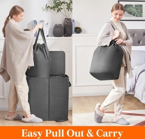 Doppio cesto per <span class=keywords><strong>biancheria</strong></span> con coperchio e sacca per <span class=keywords><strong>biancheria</strong></span> rimovibile grande pieghevole 2 divisori cesto per vestiti sporchi per camera da letto - Product Image 5