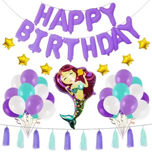 美人鱼派对用品生日装饰品生日快乐横幅 Pom Poms 花悬挂漩涡气球为女孩的生日