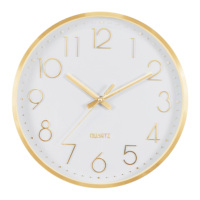 Elegante Reloj de Pared Moderno con Marco Metálico Dorado de 12 Pulgadas, Números 3D, Movimiento Silencioso de Cuarzo, Funciona con Batería, Ideal para Interiores de Hotel
