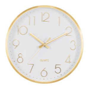 Elegante Reloj de Pared Moderno con Marco Metálico Dorado de 12 Pulgadas, Números 3D, Movimiento Silencioso de Cuarzo, Funciona con Batería, Ideal para Interiores de Hotel - Product Image 1