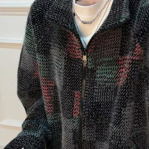Cardigan en molleton tricoté style rétro américain, <span class=keywords><strong>sans</strong></span> <span class=keywords><strong>capuche</strong></span>, col montant, à carreaux colorés, pour automne-hiver, streetwear - Product Image 1