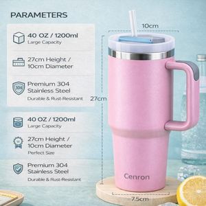 Mug de voyage isotherme en acier inoxydable 40oz 30oz personnalisé par sublimation, sans BPA, avec paille et poignée - Product Image 5