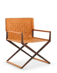 Italian Designer Minimalist Saddle Leather Chair Woven Single Armchair Modern Leisure Home Furniture Stainless Steel Director