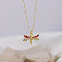 Collier pendentif libellule en cuivre plaqué or 18 carats avec zircon incrusté, rouge, blanc et noir, pour femme - Vente en gros