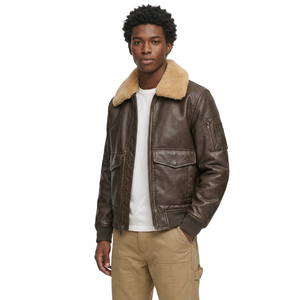 Men's Genuine <b>Leather</b> Bomber <b>Jacket</b> With Faux Fur Collar Zipper Closure Windproof <b>Winter</b> Casual Style - Product Image 3