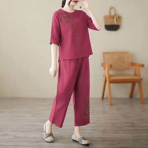 Women's Cotton Linen Two Piece Set Embroidered Mid Sleeve <b>Top</b> Cropped Pants Casual Wear - Product Image 2
