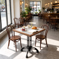 Table de salle à manger commerciale vintage Iron Master en grès rétro, style industriel américain du milieu du siècle, avec plateau en pierre et bois massif pour restaurants