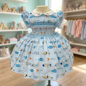 Casalia Girls Blue <b>Fish</b> Print A-Line Dress Embroidery Peter Pan Collar Sleeveless Autumn <b>Sweet</b> Style Knee-Length Cotton - Product Image 2