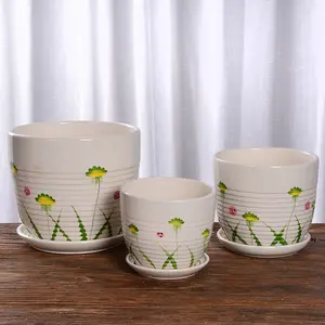 jarrón 3 de cerámica Suppliers-Juego de 3 macetas de cerámica para jardín, venta al por mayor, baratas, color blanco